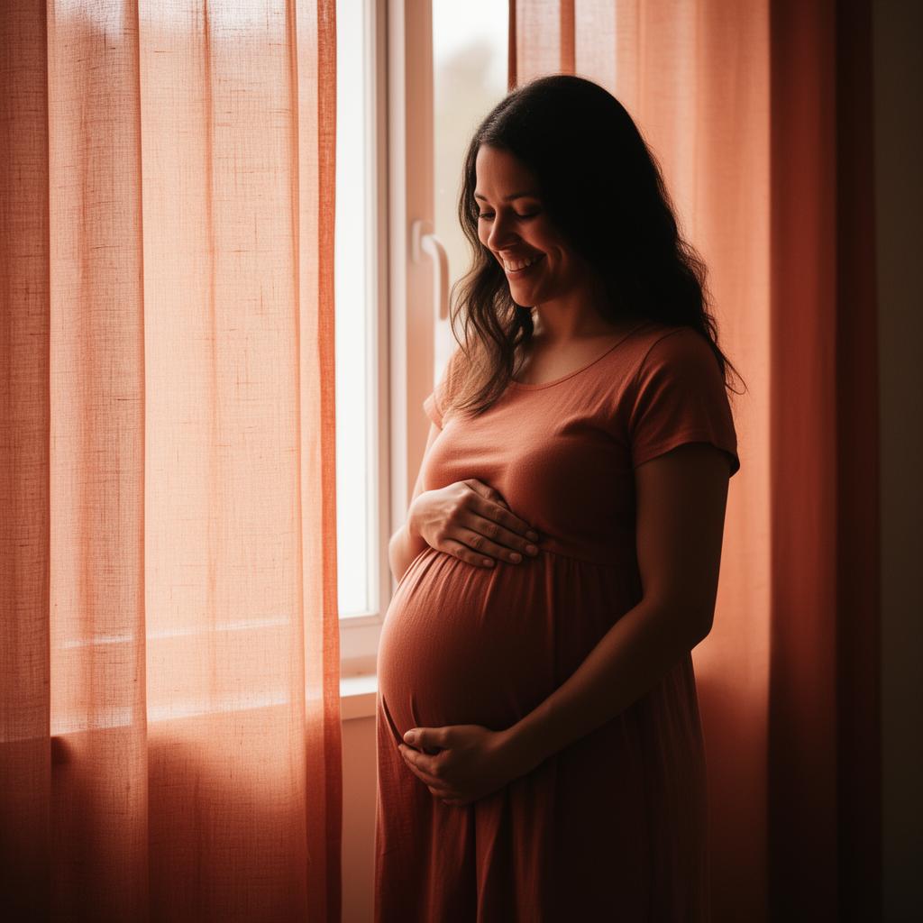 Femme enceinte sereine près d'une fenêtre lumineuse